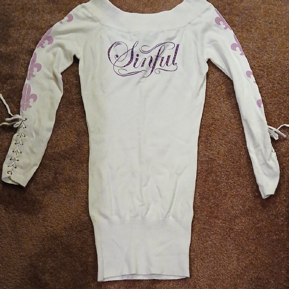 Sinful Off-the-Shoulder Sweater in White and Purple